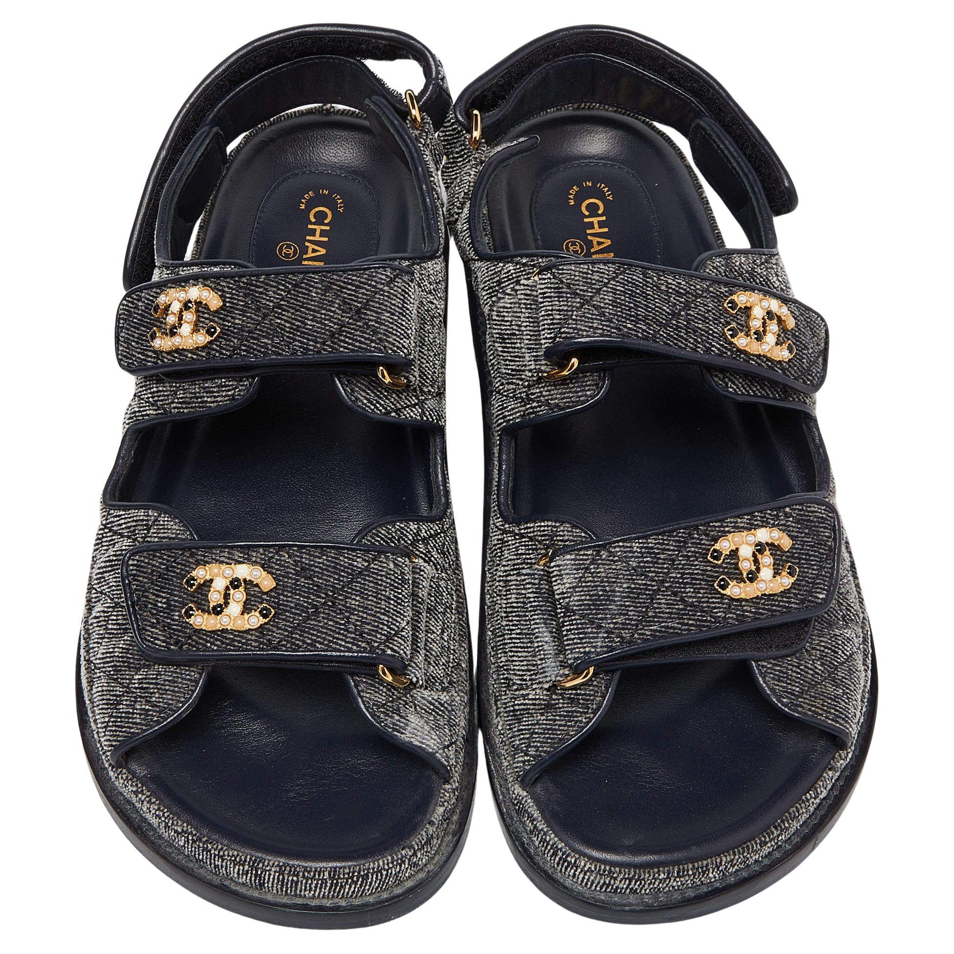 Chanel Denim Grey Velvet Pearl CC Dad Sandals Size 40 New in Box For Sale