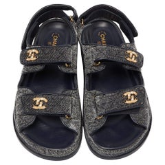 Used Chanel Denim Grey Velvet Pearl CC Dad Sandals Size 40 New in Box