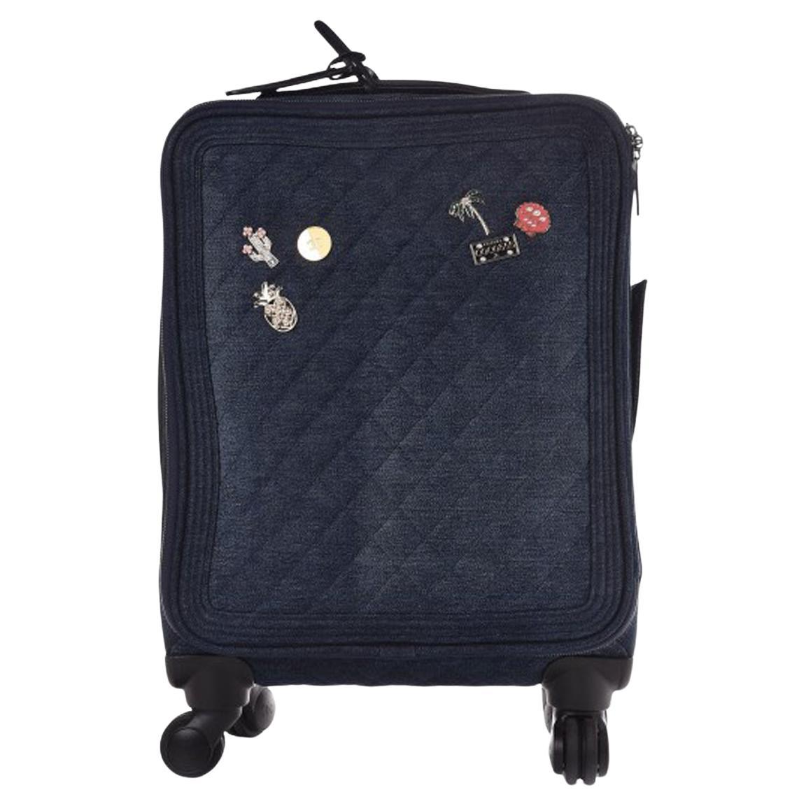 Chanel Denim Jean Coco Charm Trolley Travel Luggage Rolling Carry On