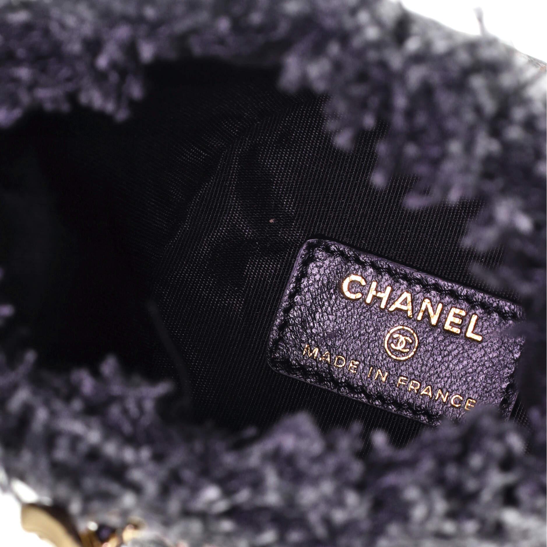 Black Chanel Denim Mood Chain Bucket Bag Logo Printed Quilted Fringe Denim Mini