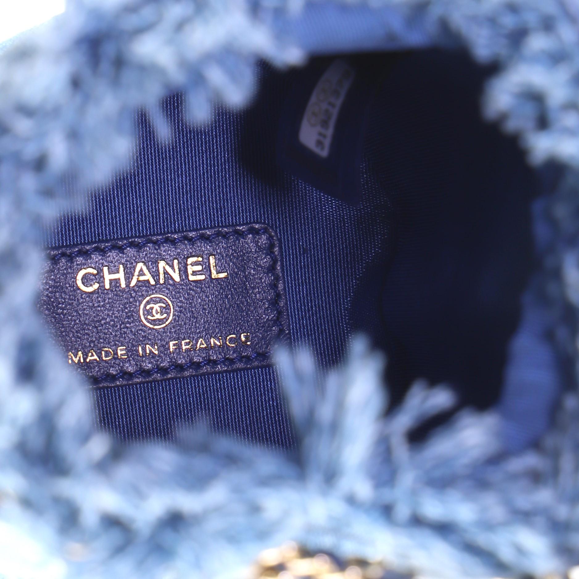 Chanel Denim Mood Chain Bucket Bag Logo Printed Quilted Fringe Denim Mini In Good Condition In NY, NY