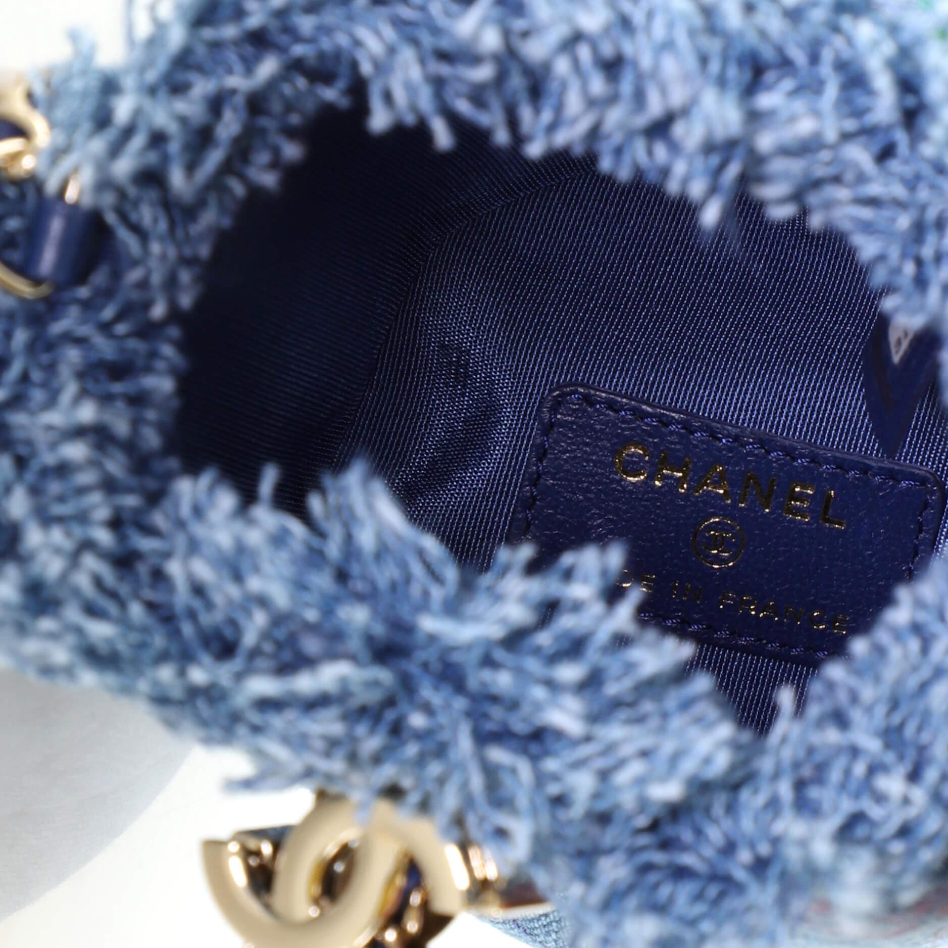 Chanel Denim Mood Chain Bucket Bag Logo Printed Quilted Fringe Denim Mini In Good Condition In NY, NY
