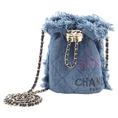 Chanel Denim Mood Chain Bucket Bag Logo Printed Quilted Fringe Denim Mini