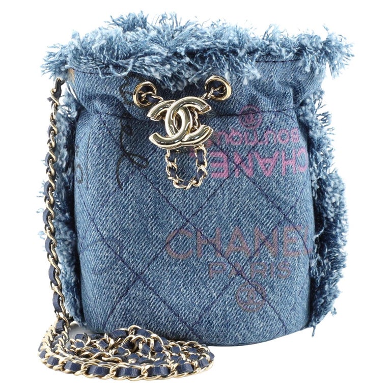 Chanel Denim Mood Chain Bucket Bag Logo Printed Quilted Fringe