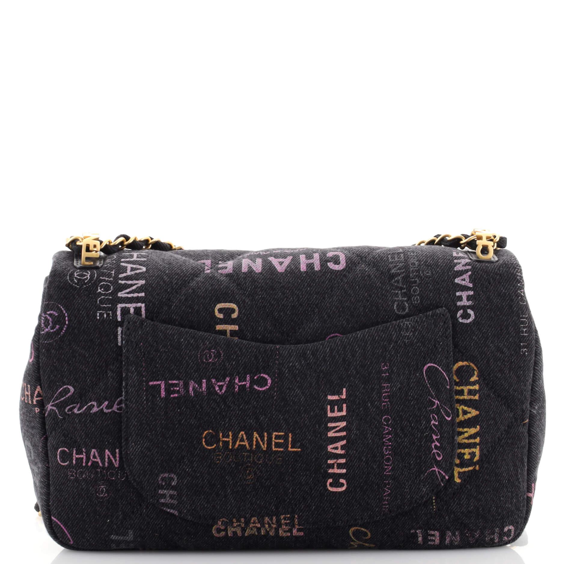 Chanel Denim Mood Flap Bag Logo Printed Quilted Denim Large In Good Condition In NY, NY