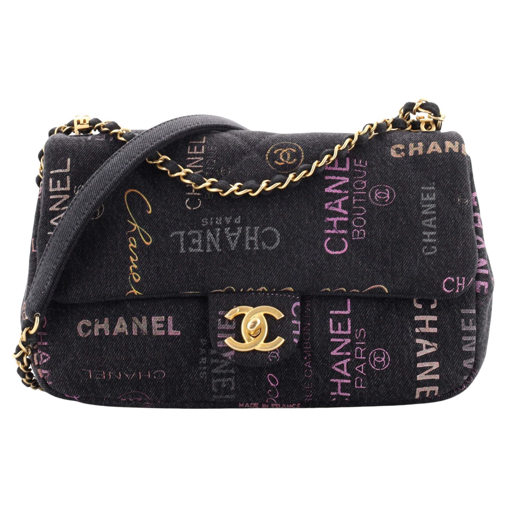 Chanel Denim Mood Flap Bag Logo Printed Quilted Denim Large