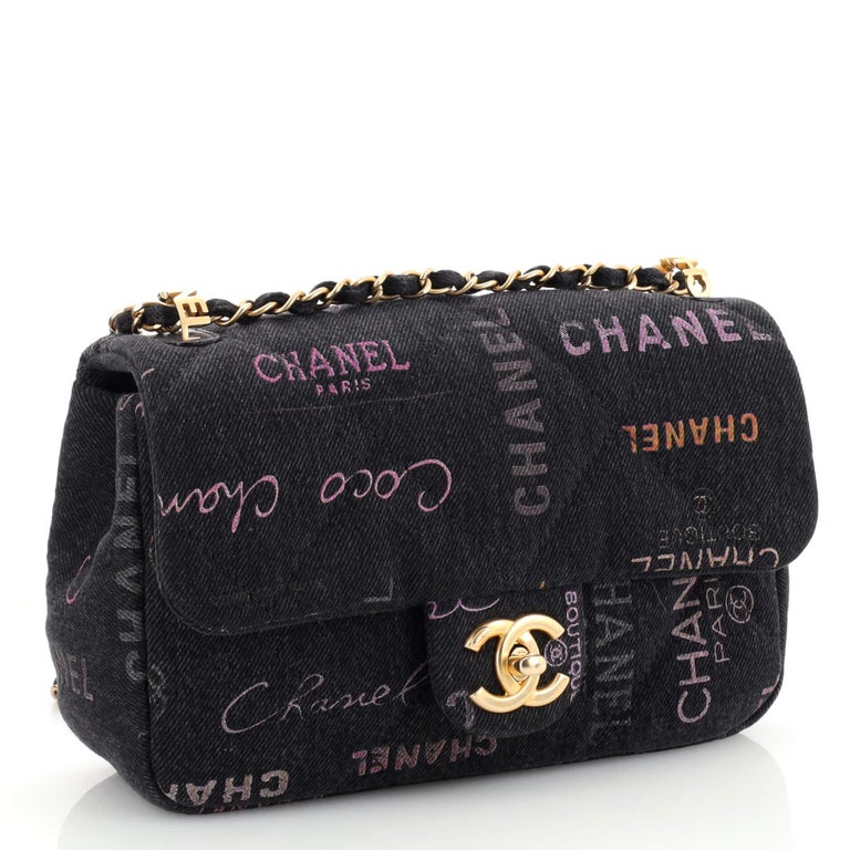 Chanel Denim Mood Flap Bag Logo Printed Quilted Denim Small at
