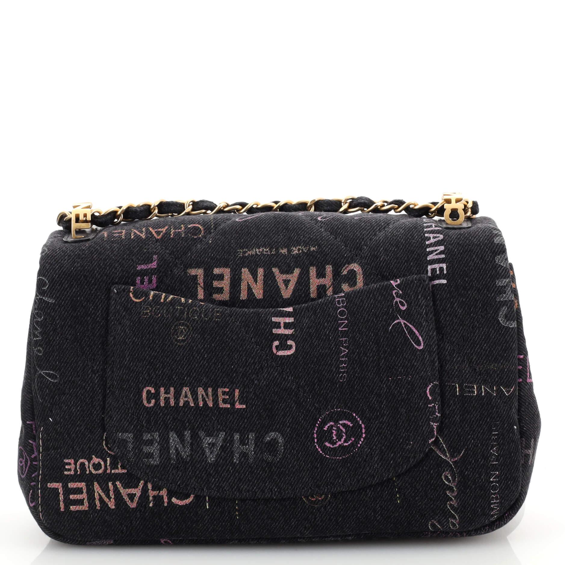 Chanel Denim Mood Flap Bag Logo Printed Quilted Denim Small In Good Condition In NY, NY