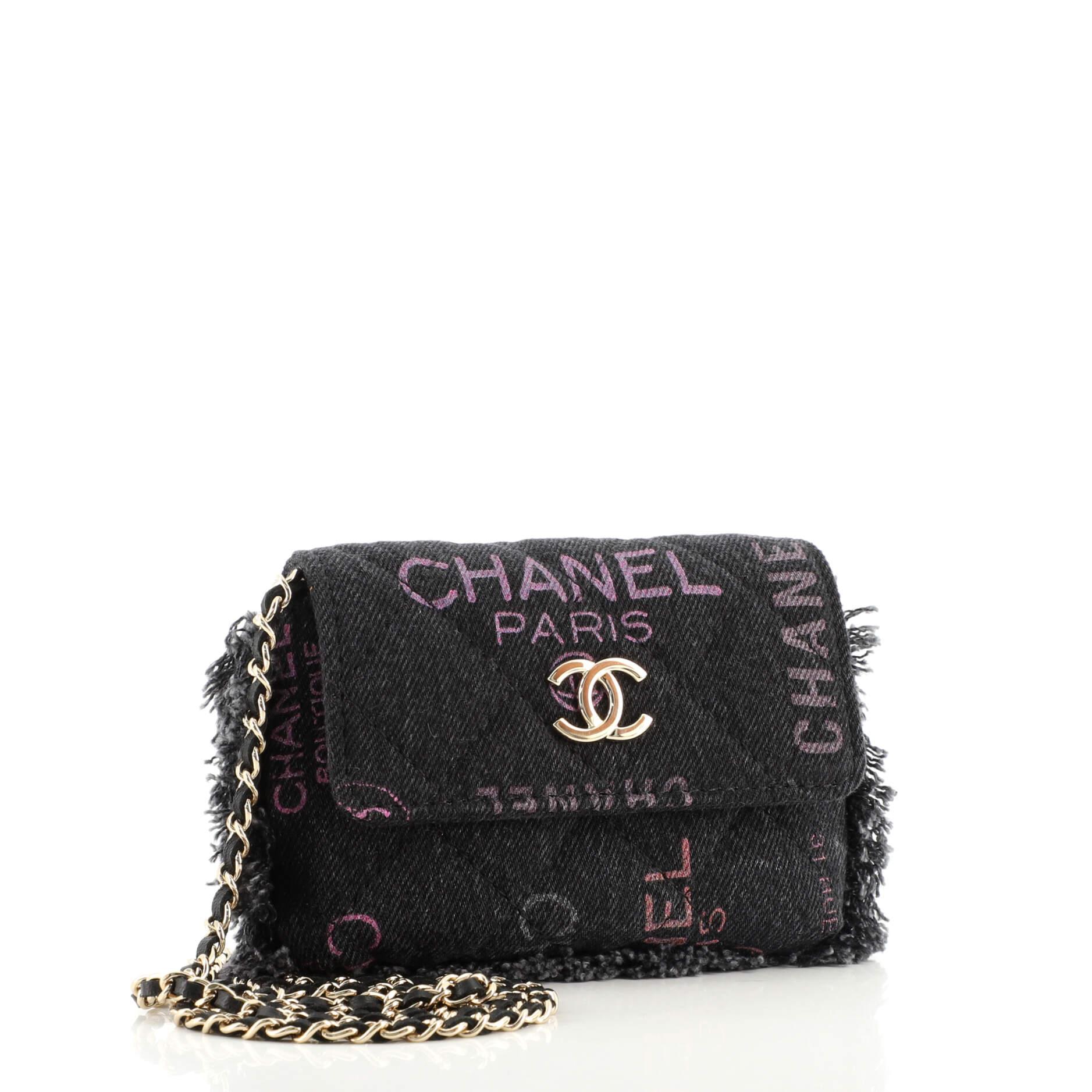 Chanel Denim Mood Flap Clutch with Chain Logo Printed Quilted Fringe Denim In Good Condition In NY, NY