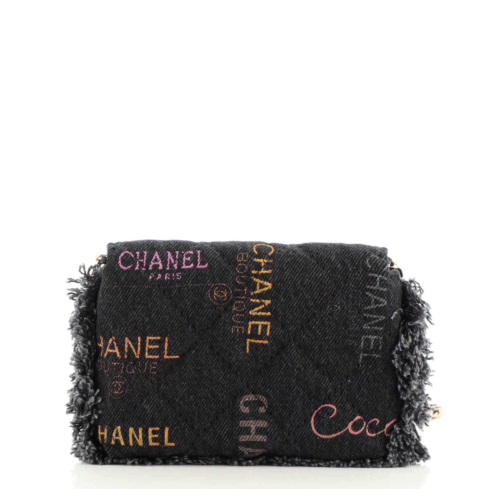 Women's or Men's Chanel Denim Mood Flap Clutch with Chain Logo Printed Quilted Fringe Denim