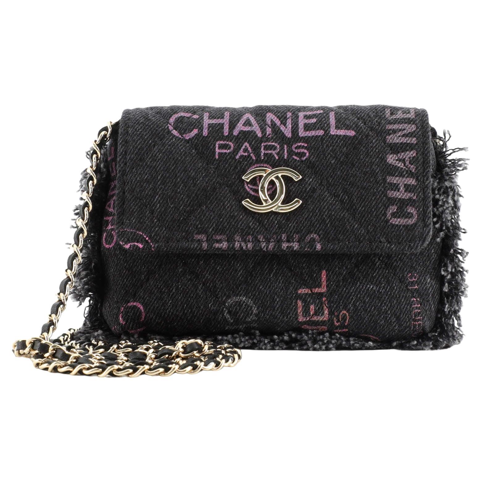 Chanel Denim Mood Flap Clutch with Chain Logo Printed Quilted Fringe Denim  For Sale at 1stDibs