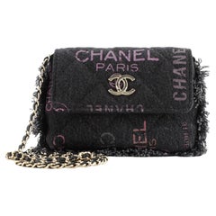 Chanel Denim Mood Flap Clutch with Chain Logo Printed Quilted Fringe Denim