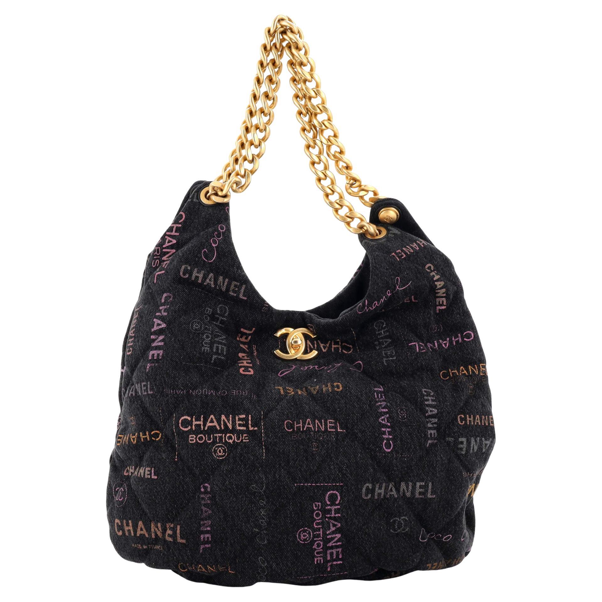 Chanel Denim Mood Hobo Logo Printed Quilted Denim Maxi For Sale at 1stDibs