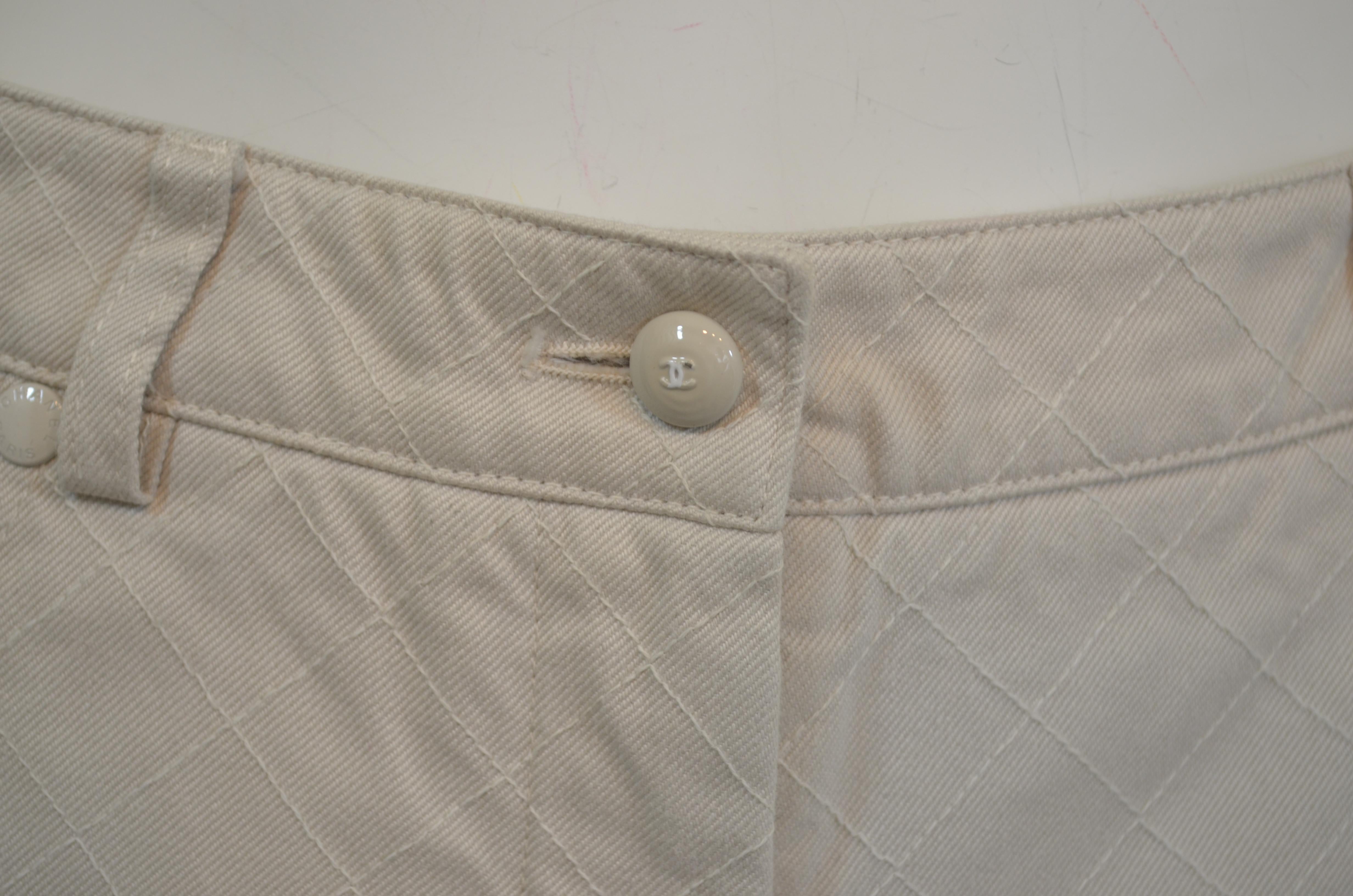 Beige Chanel Denim Pants with Quilt Diamond Stitch