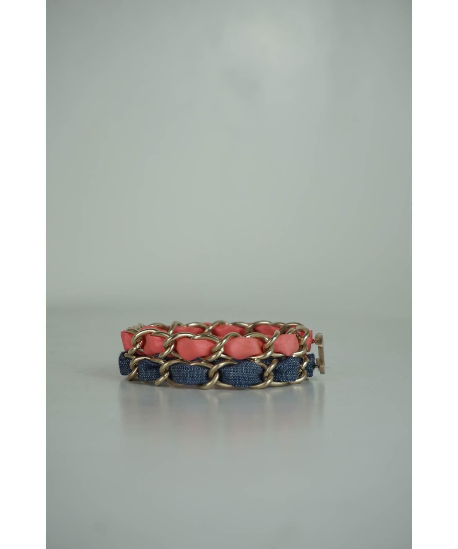 Chanel Denim / Pink Chain CC Bracelet 2009 In Excellent Condition For Sale In Carmel, CA