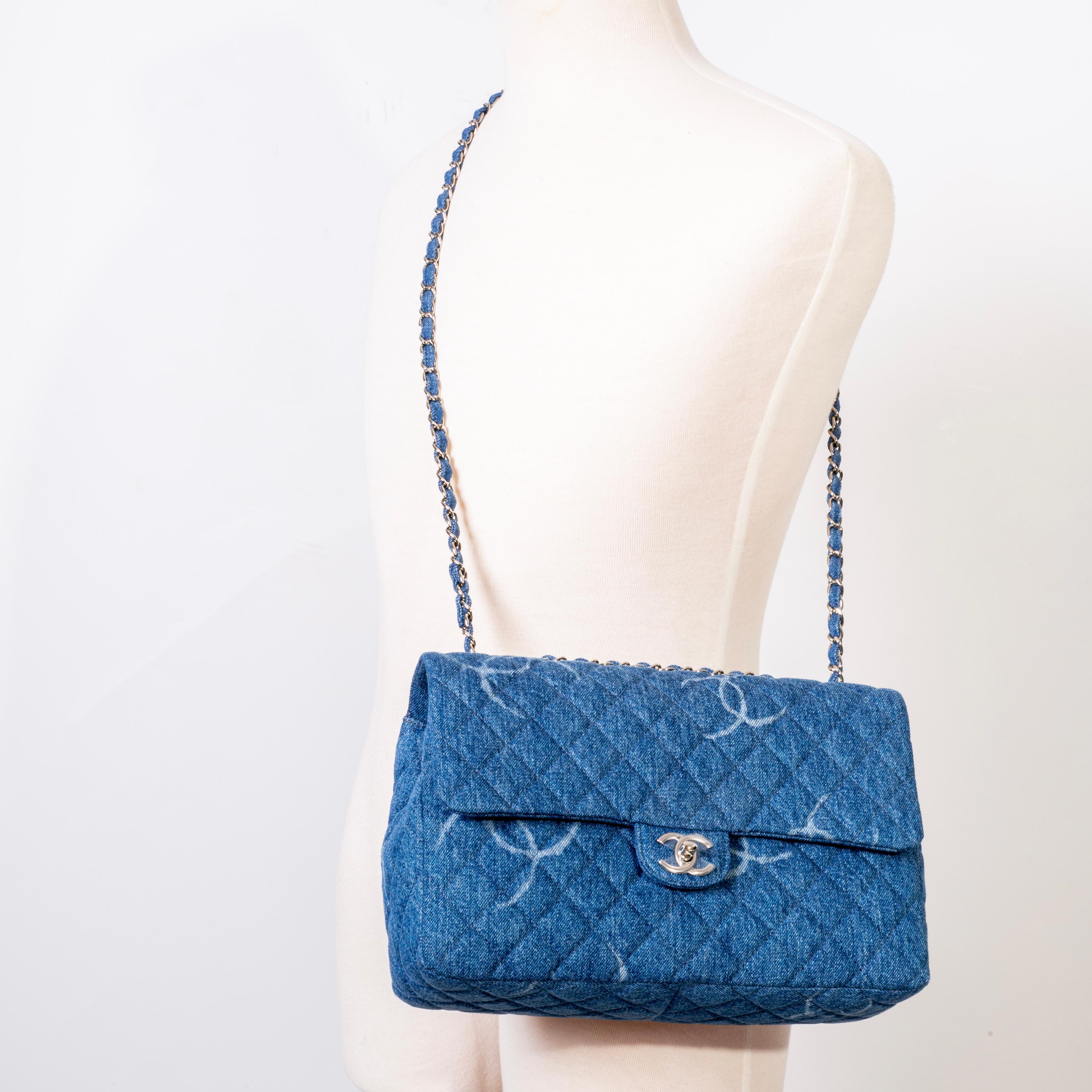 Chanel Denim Quilted CC Print Jumbo Single Flap Bag Blue 2020 3