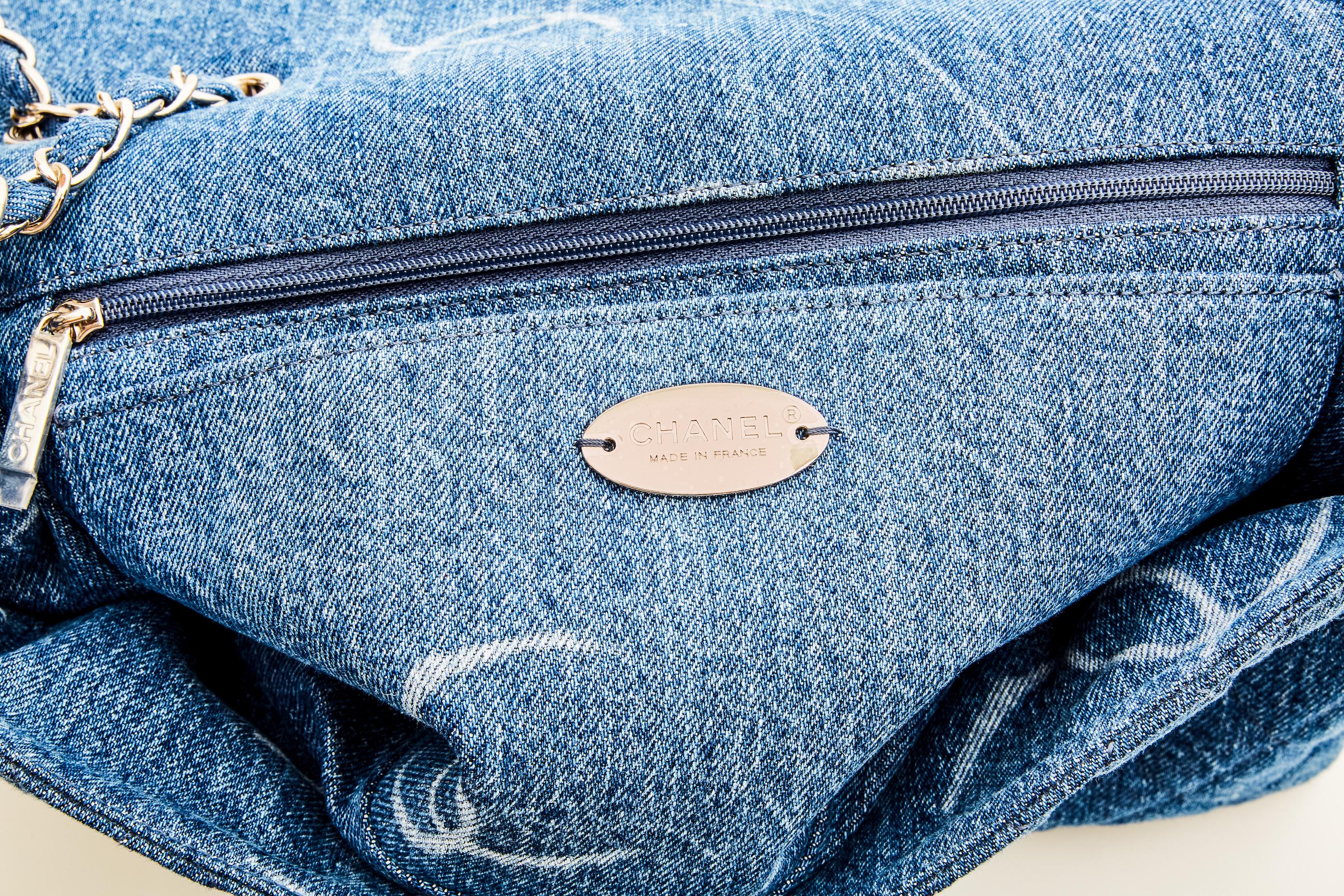 Women's Chanel Denim Quilted CC Print Jumbo Single Flap Bag Blue 2020