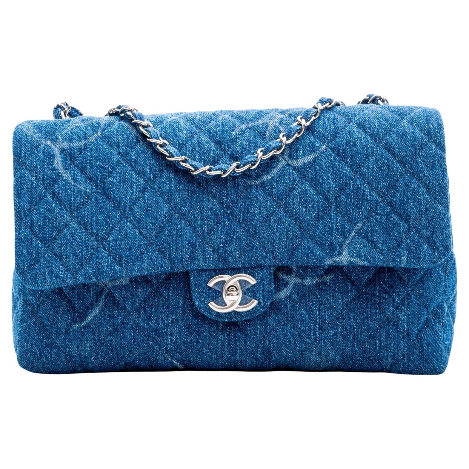 Chanel Denim Quilted CC Print Jumbo Single Flap Bag Blue 2020 at 1stDibs