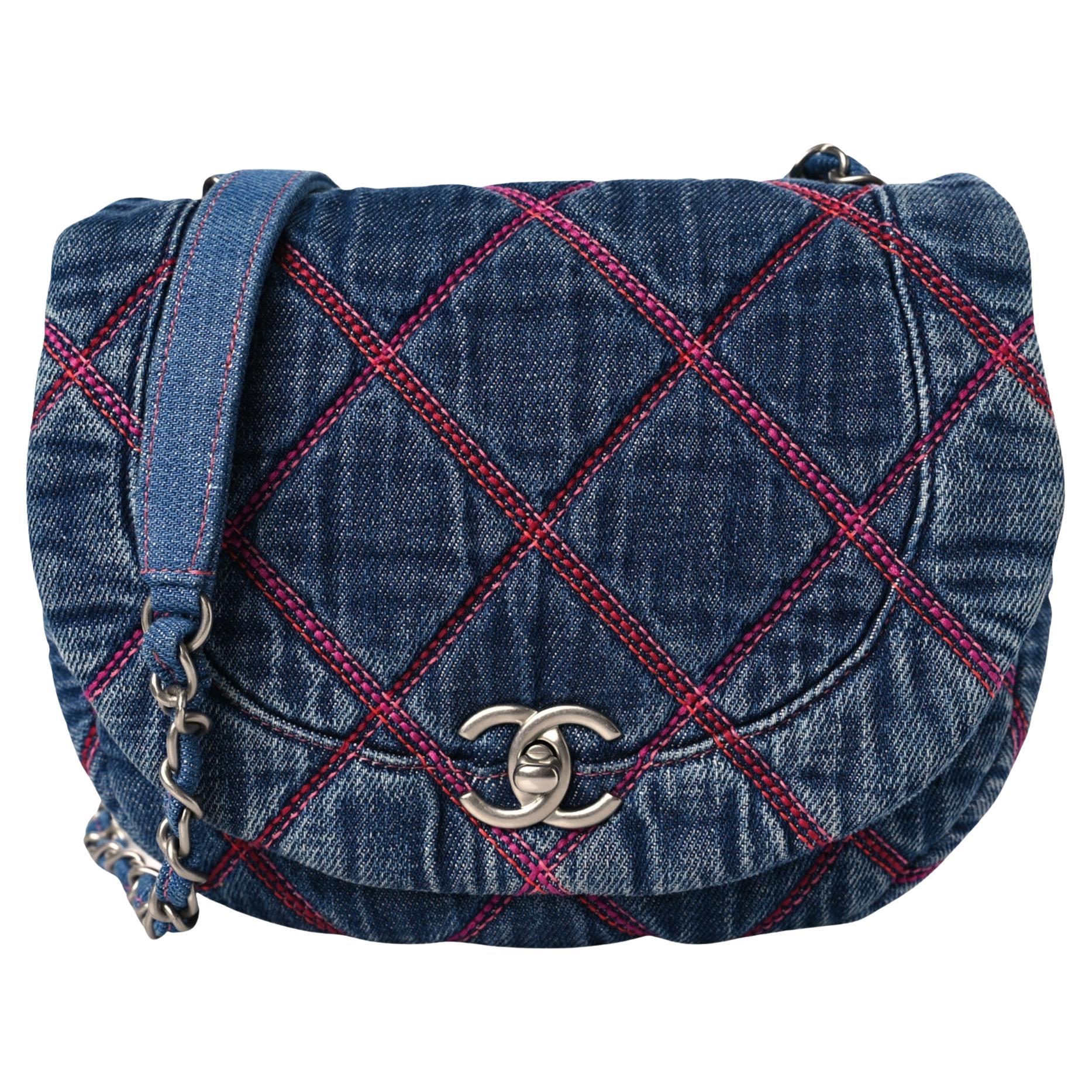 Chanel Denim Quilted Coco Beach Messenger Bag Blue For Sale