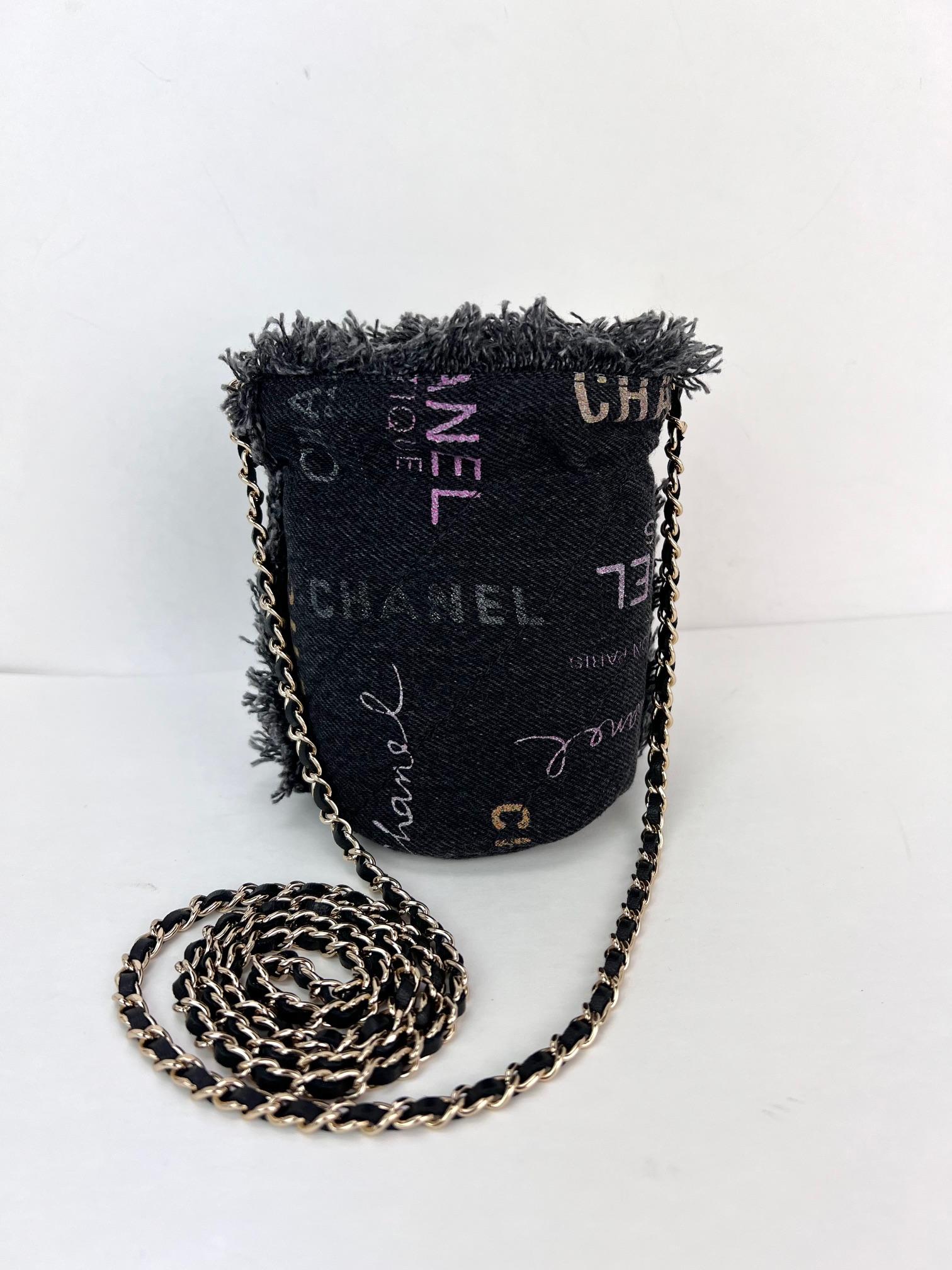 Chanel Denim Quilted Mood Mini Bucket With Chain Black For Sale 5
