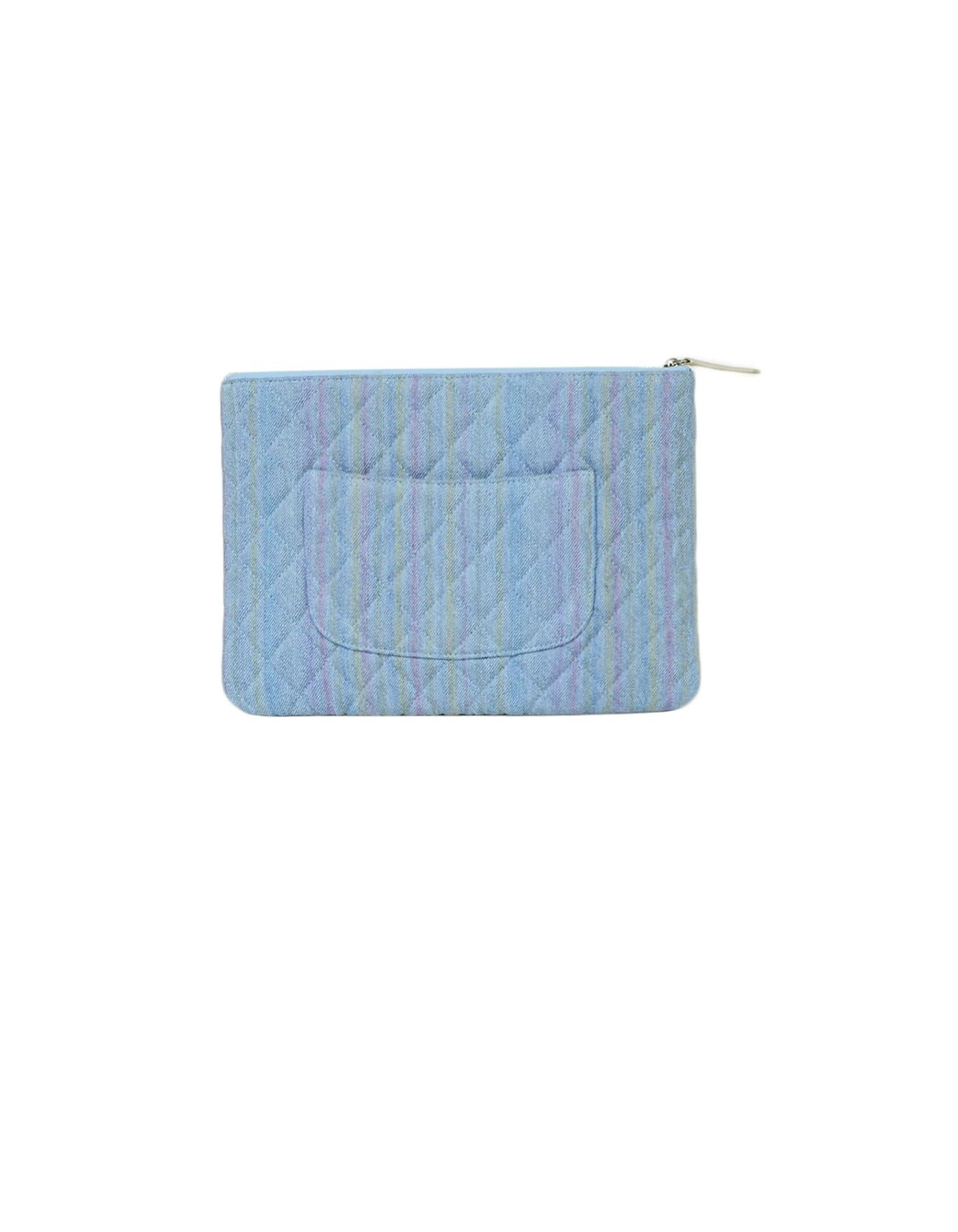 Blue Chanel Denim Quilted O-Case Zip Top Pouch with Rainbow Stripe Wash