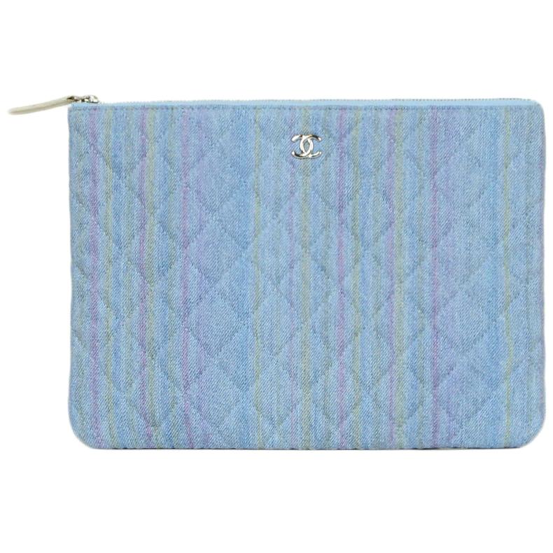 Chanel Denim Quilted O-Case Zip Top Pouch with Rainbow Stripe Wash