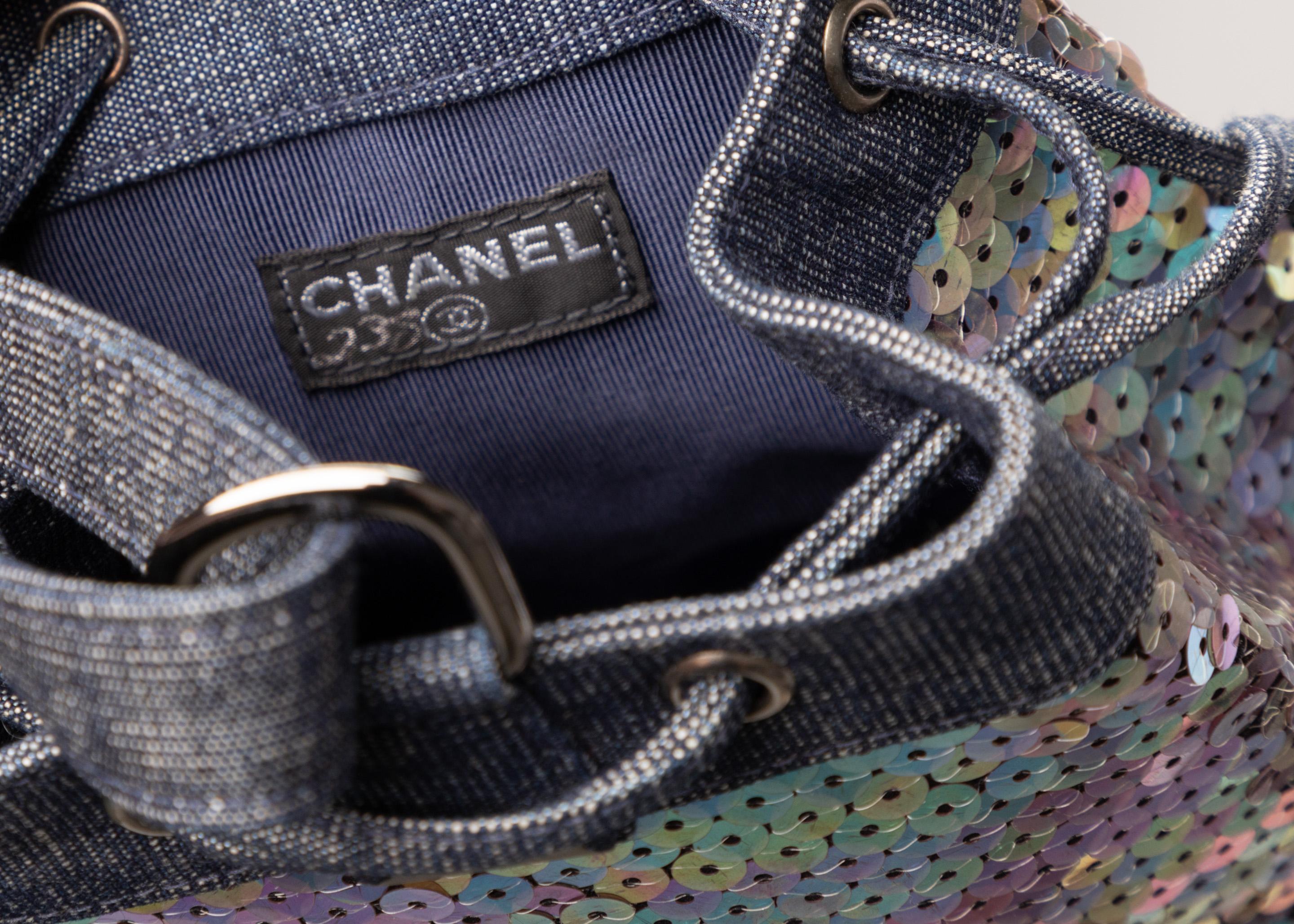 Chanel Denim Sequin Mini Bucket Bag In Excellent Condition In Boca Raton, FL