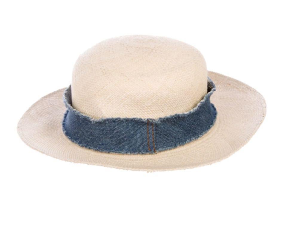 Beige Chanel Denim Trimmed Woven Straw Hat - Size UK 7