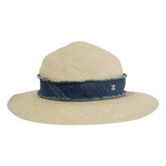 Chanel Denim Trimmed Woven Straw Hat - Size UK 7