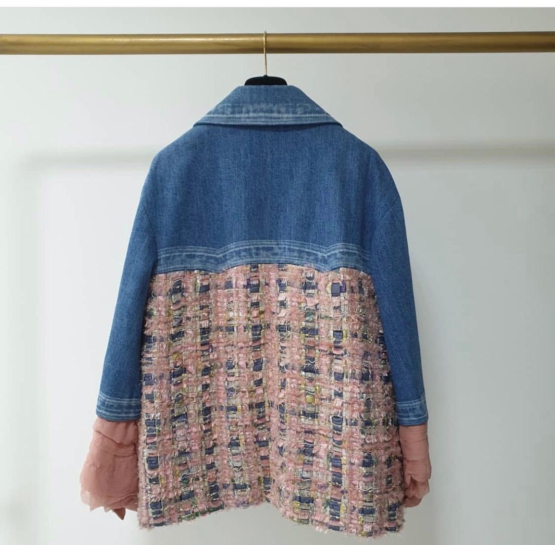Gray Chanel Denim Tweed Chiffon 2016 Jacket For Sale