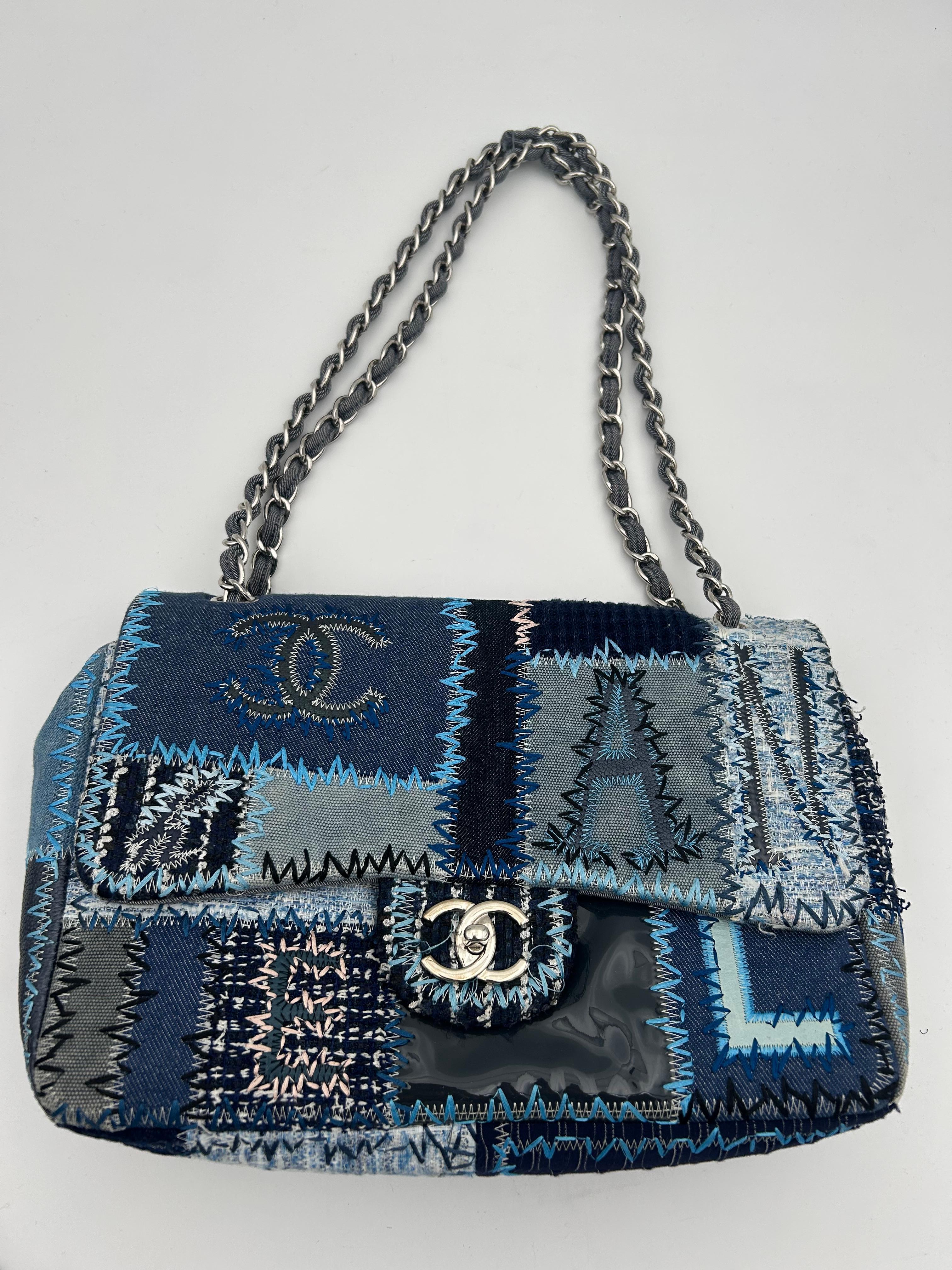 Chanel Denim/Tweed Patchwork Jumbo Bag 2015-2016 For Sale 14