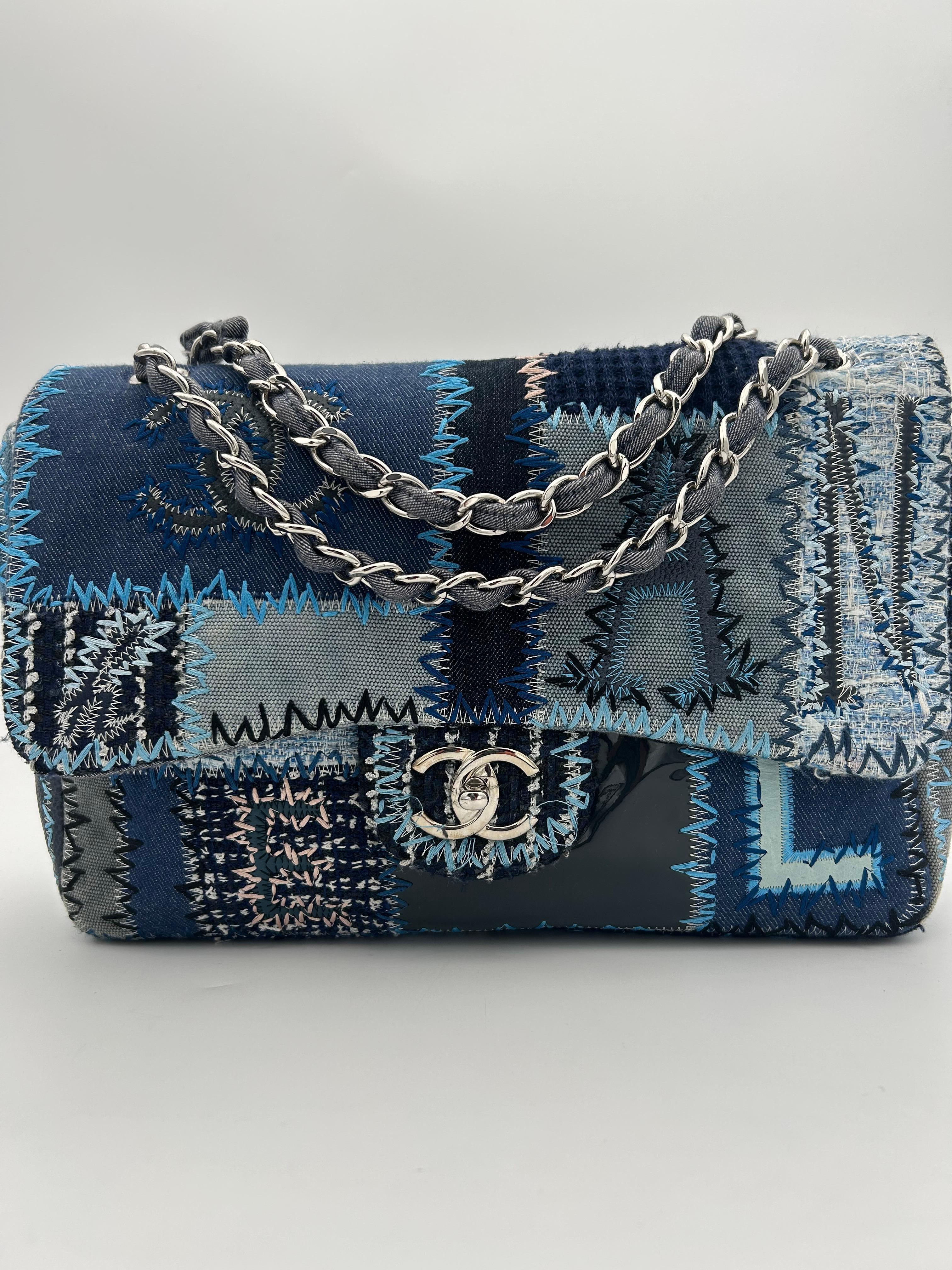 Chanel Denim/Tweed Patchwork Jumbo Bag 2015-2016. Please note this item is in good condition with minor wear consistent with age and use. This beautiful bag is a perfect representation of the Chanel’s brand attention to details. The colors are bold,