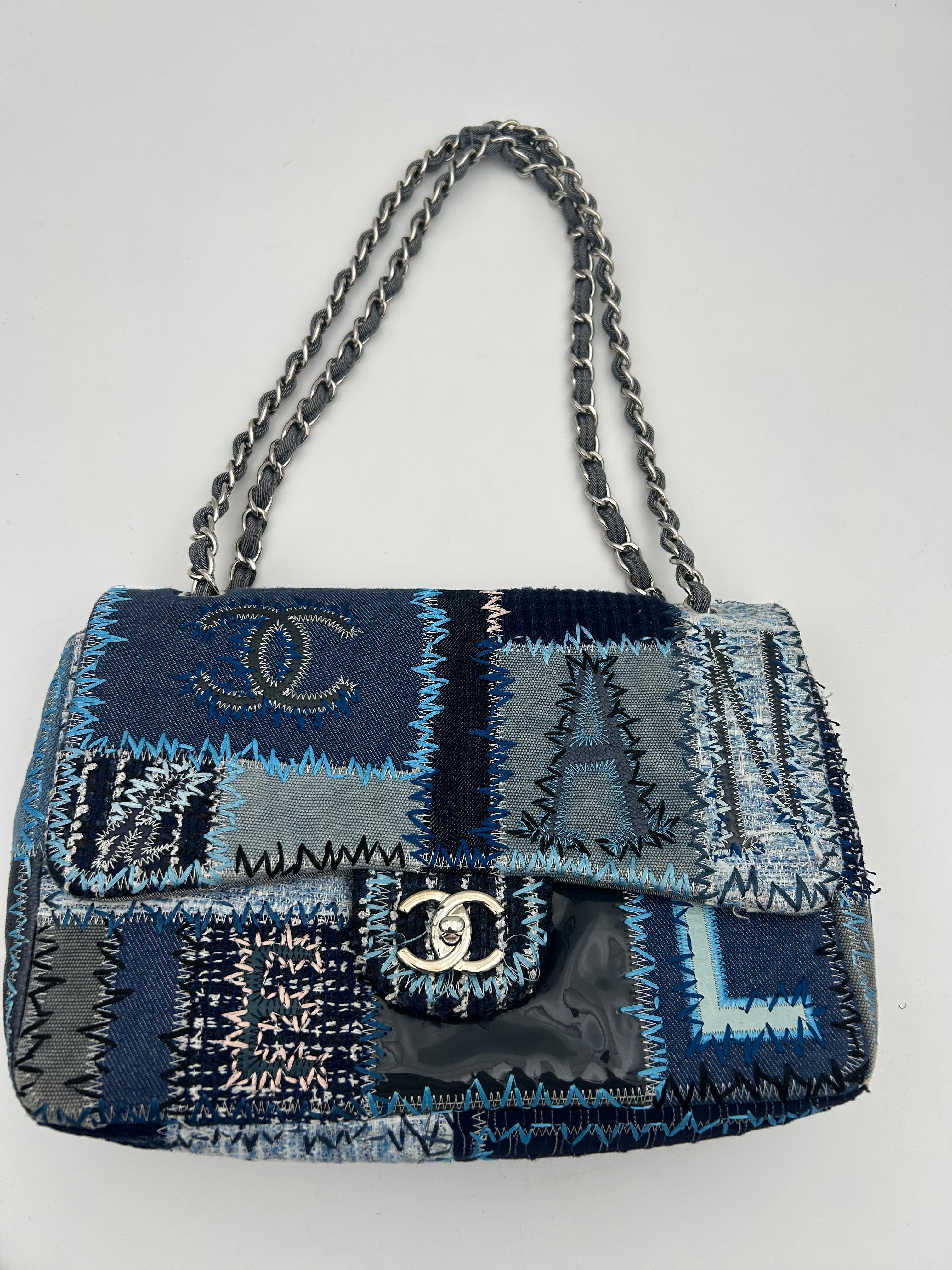 Chanel Denim/Tweed Patchwork Jumbo Bag 2015-2016 For Sale 15