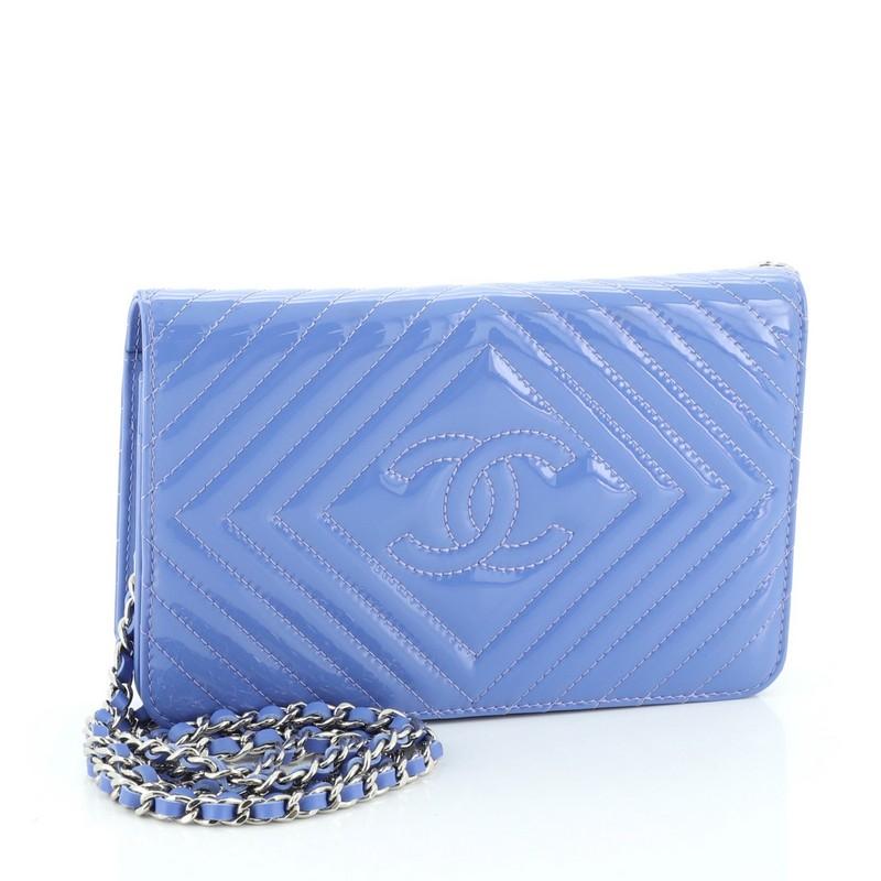 Blue Chanel Diamond CC Wallet on Chain Chevron Patent