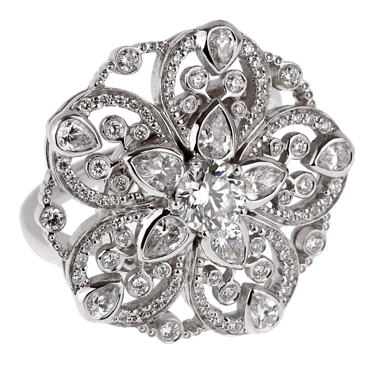 An extraordinary diamond white gold cocktail ring by Chanel that features 2.35 carats of the finest of round brilliant cut and pear shaped diamonds that are set in 18k white gold.

Width .95