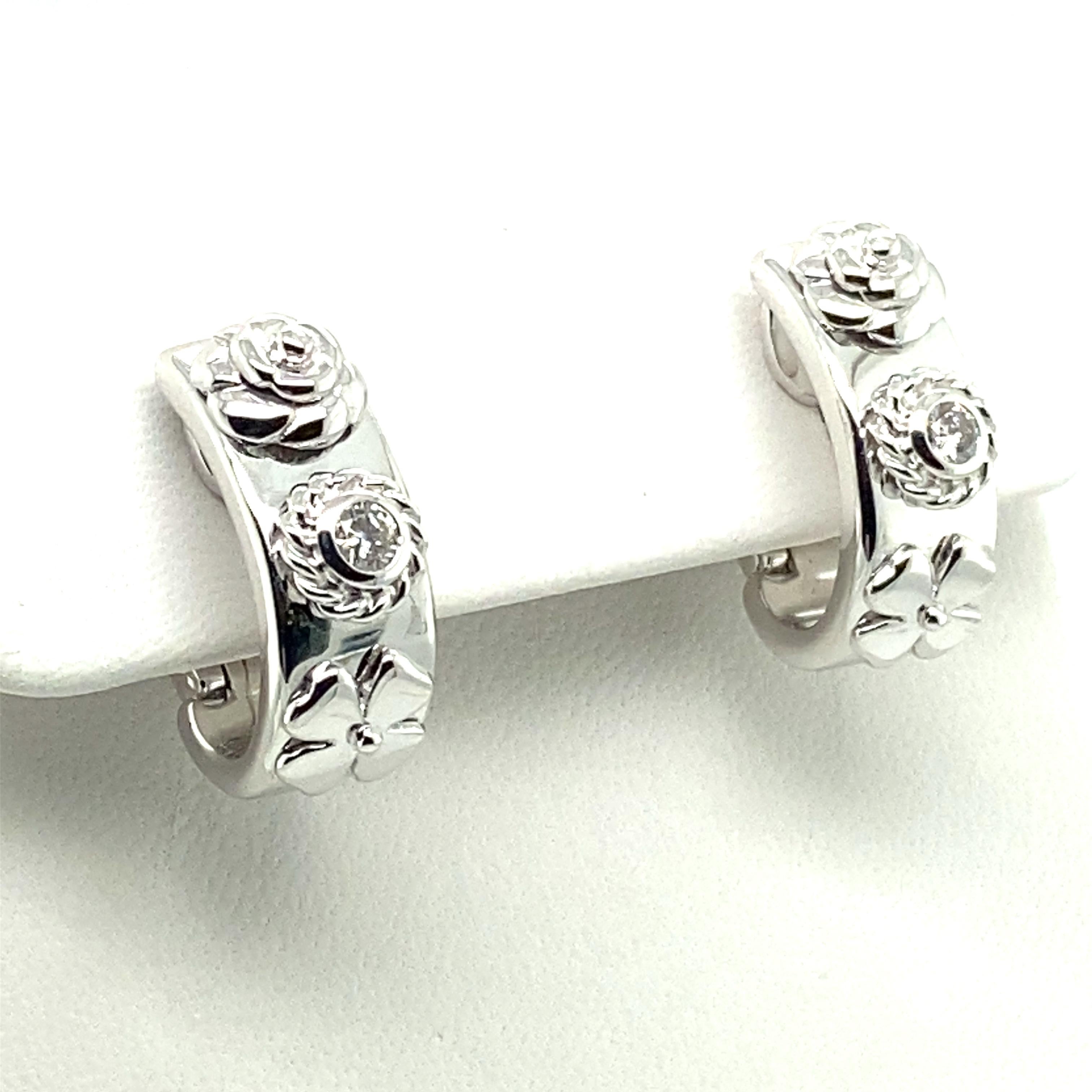Brilliant Cut Chanel Diamond Four-Leaf Clovers and Camelia Earclips in 18 Karat White Gold