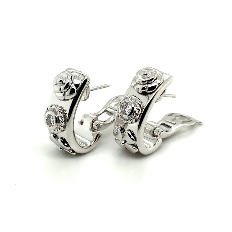 Chanel Diamond Four-Leaf Clovers and Camelia Earclips in 18 Karat White Gold For Sale 2