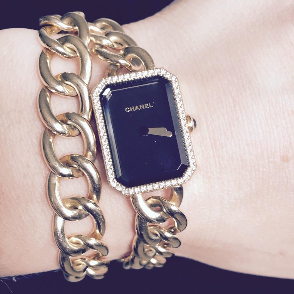 Simply Beautiful! Iconic Chanel Diamond Gold Double Wrap Curb Link Bracelet Watch #H3750. 18K Yellow Gold Octagonal-shaped case, bezel set with 56 diamonds. Approx. 0.19tcw. Polished 18K Yellow Gold double row Bracelet with Black Lacquered Dial,