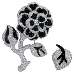 Chanel Diamond Onyx Flower Brooches, set of two