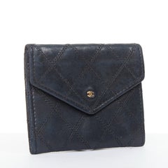 CHANEL diamond quilted dark navy lambskin leather envelope micro CC flap wallet