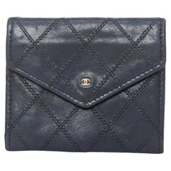 CHANEL diamond quilted dark navy lambskin leather envelope micro CC flap wallet