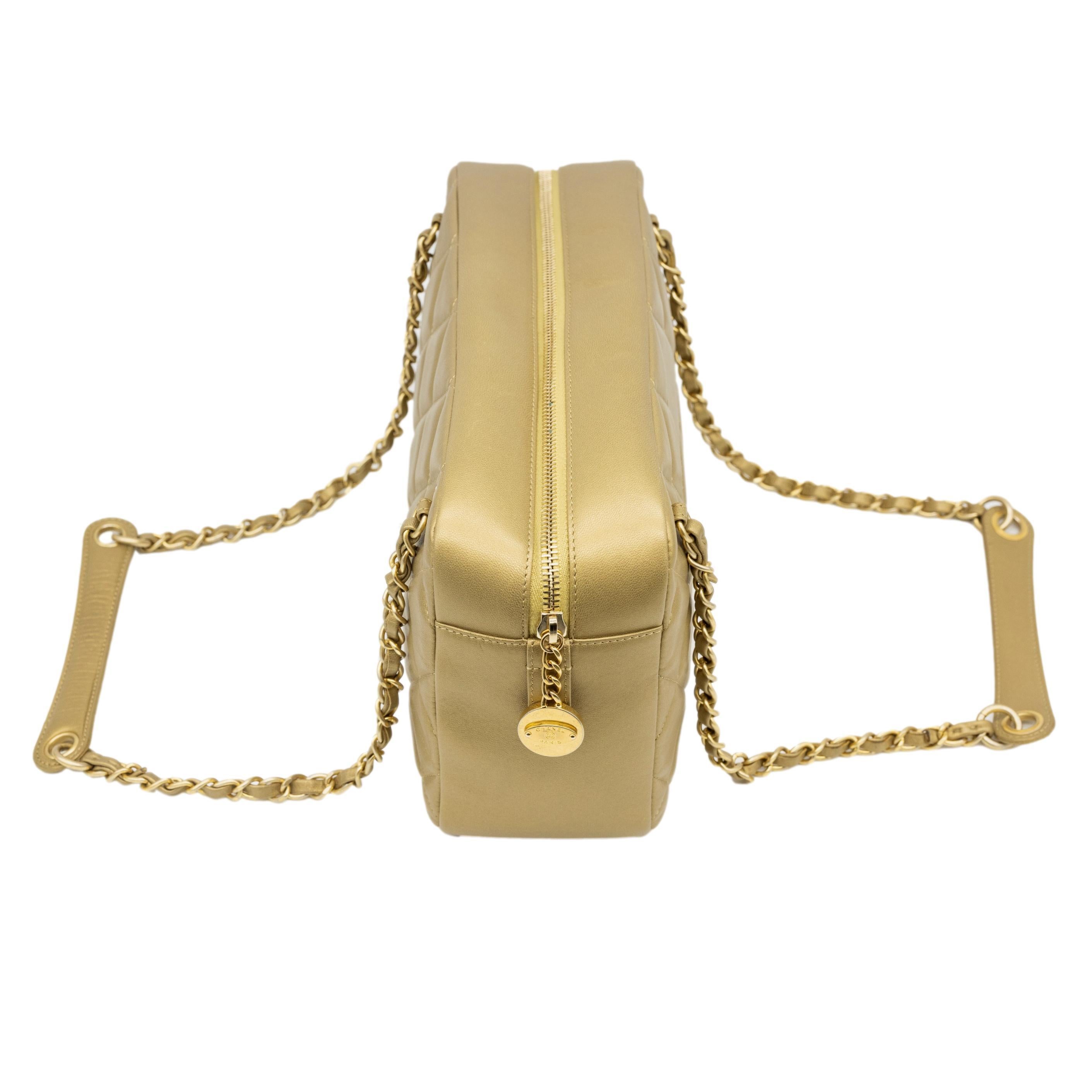 Women's or Men's Chanel Diamond Quilted Metallic Gold Lambskin CC Camera Bag, 2014. 