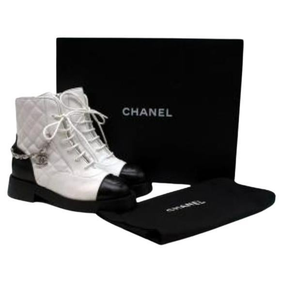Chanel Diamond Quilted White Leather Biker Boots For Sale