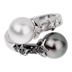 Chanel Diamond White Black Pearl Bypass Ring