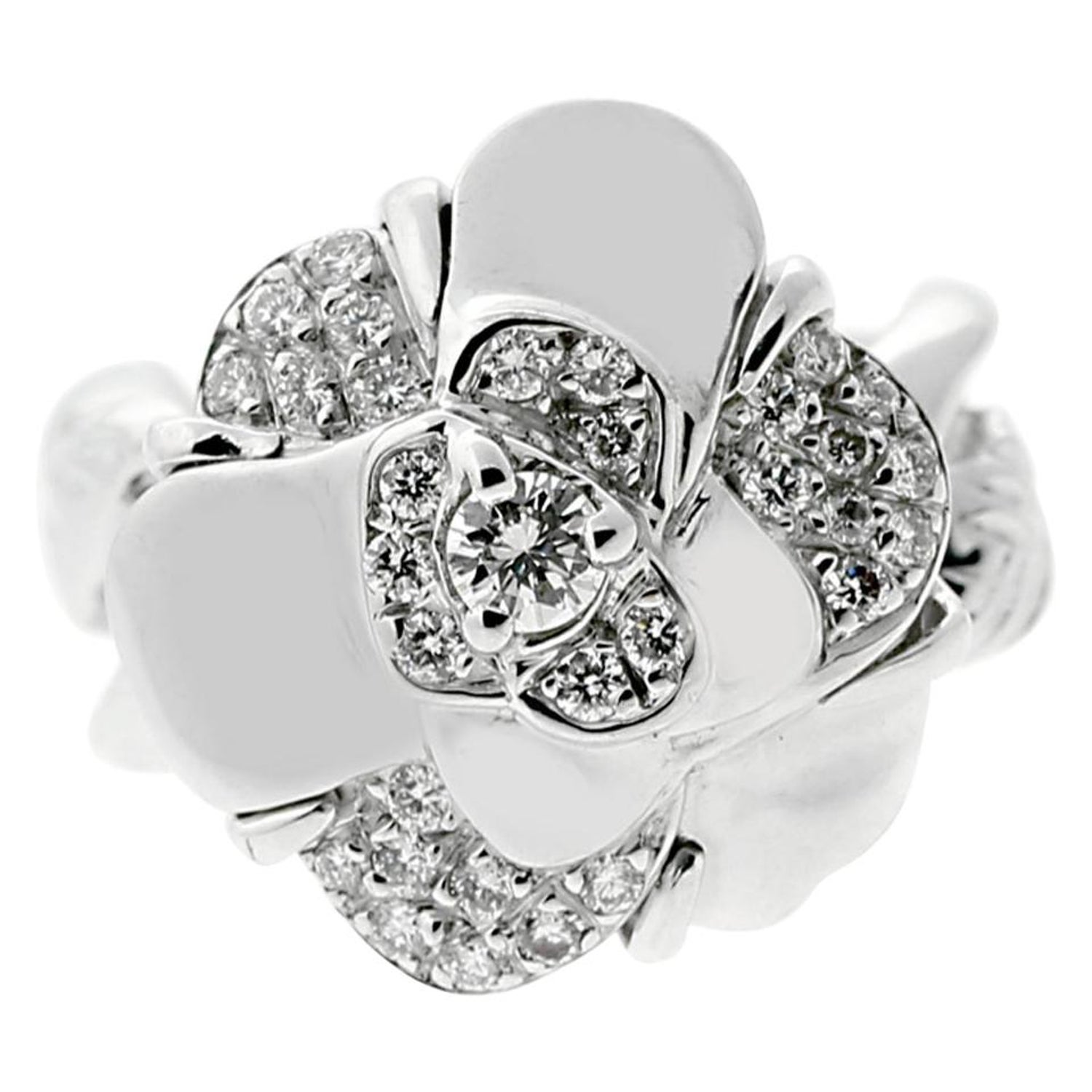 Chanel Diamond White Gold Camelia Ring For Sale at 1stDibs