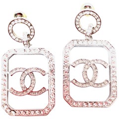 Chanel Diamonté CC Logo Rhodium Pierced Earrings