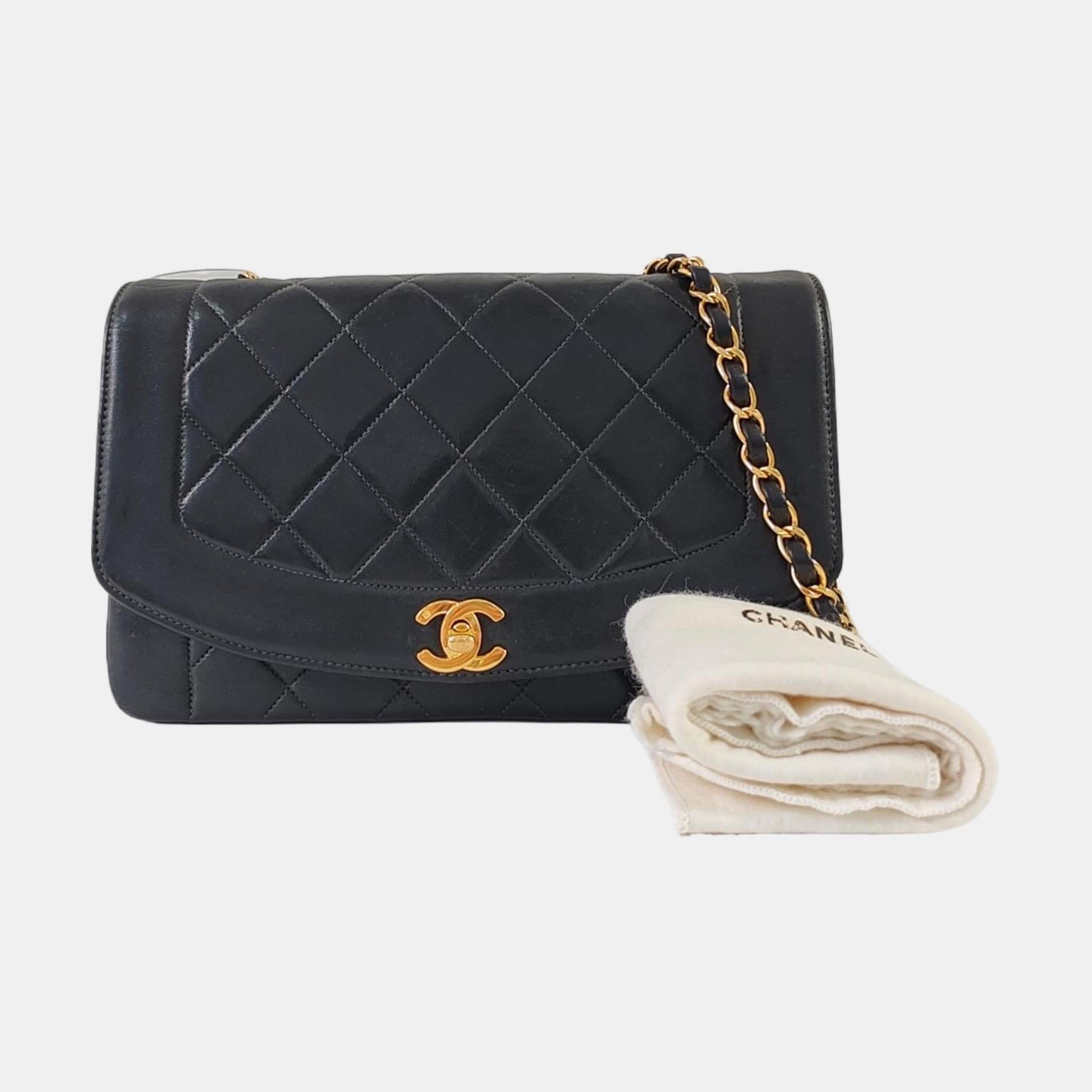 Chanel Diana CC Klappentasche Medium Vintage Schwarzes Lammfell Leder mit 24k Gold HW im Angebot 6