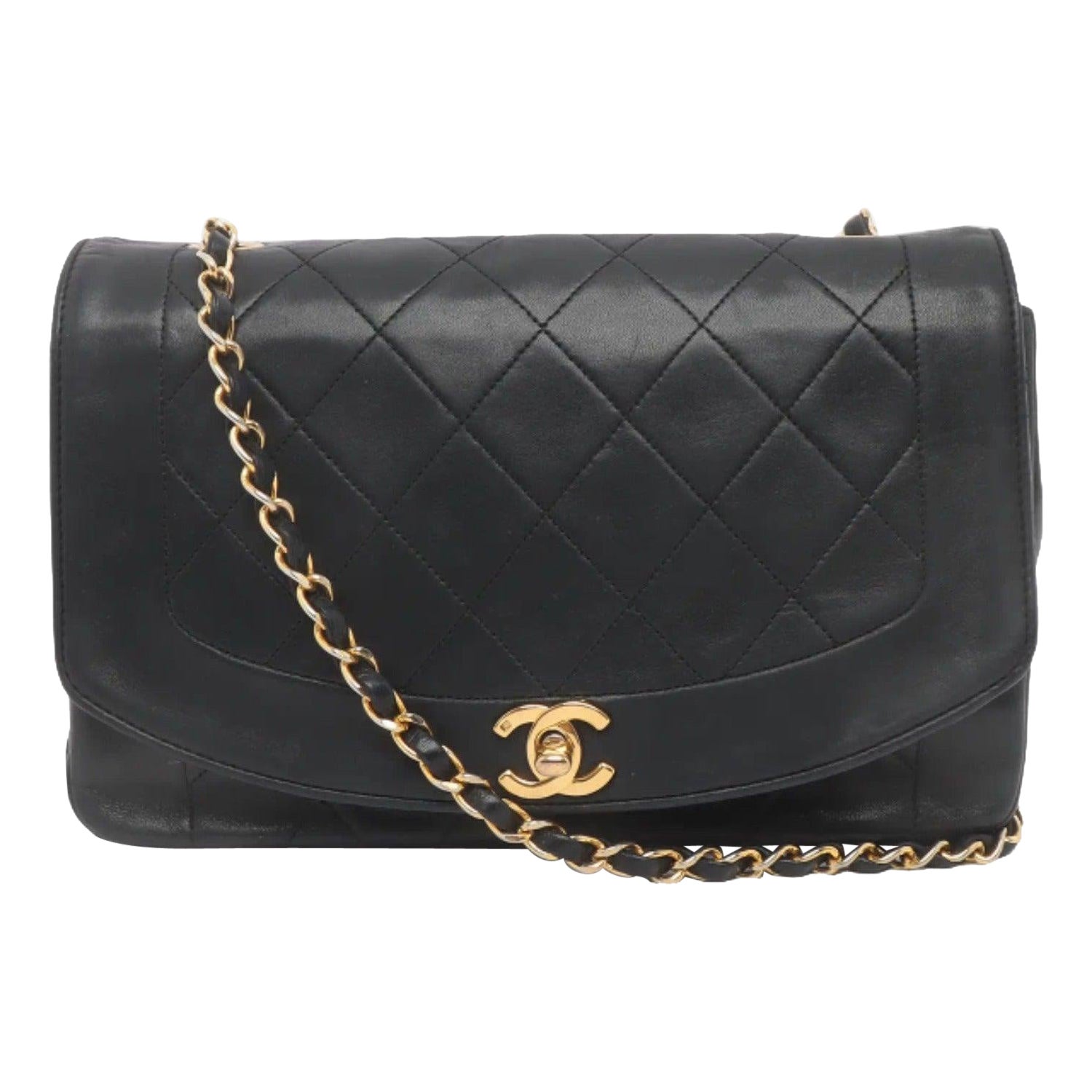 Chanel Diana CC Flap Bag Vintage Black Lambskin Leather with 24k Gold Hardware