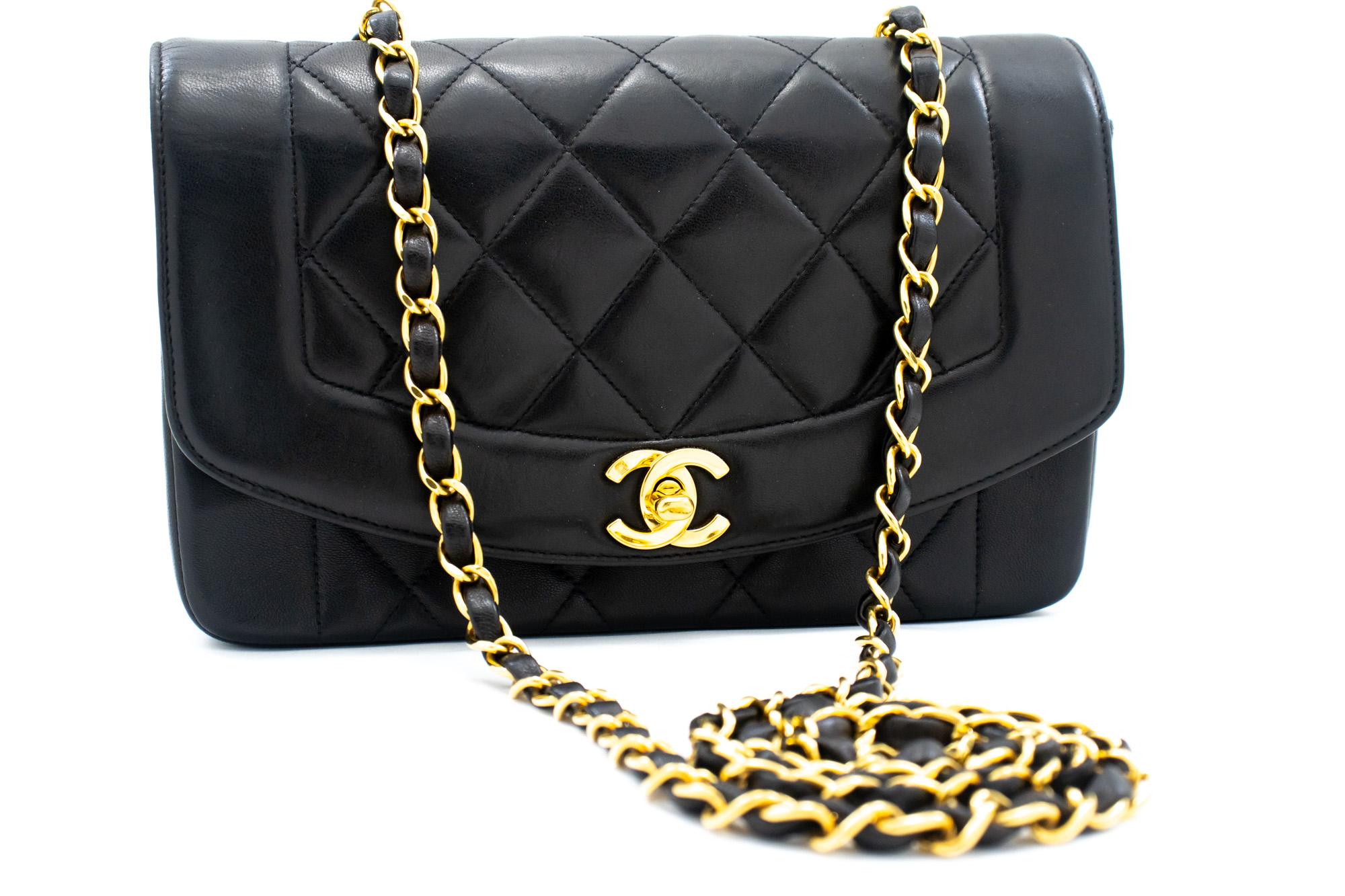 An authentic CHANEL Diana Flap Chain Shoulder Bag Black Quilted made of black Lambskin Purse. The color is Black. The outside material is Leather. The pattern is Solid. This item is Vintage / Classic. The year of manufacture would be