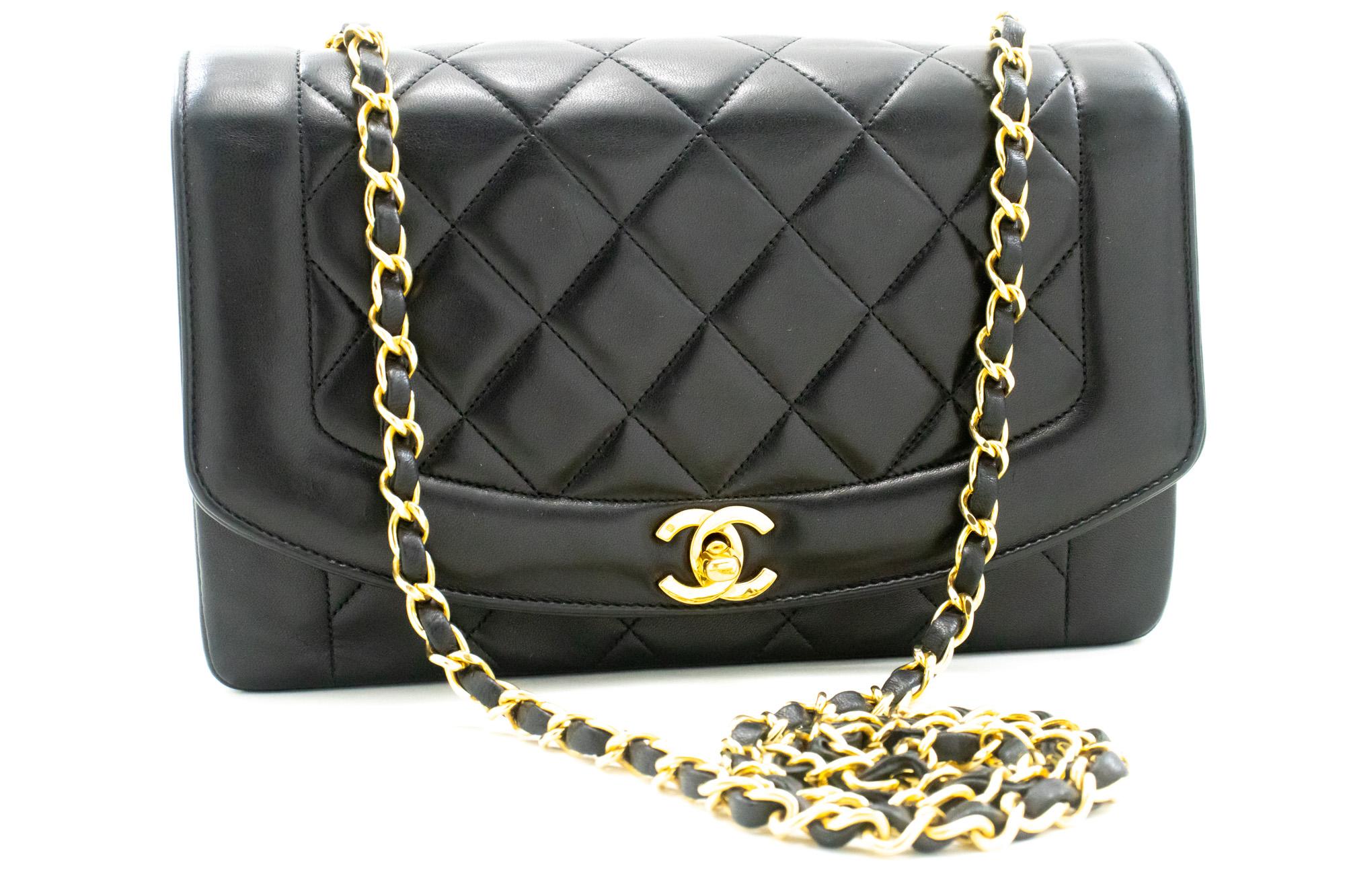 An authentic CHANEL Diana Flap Chain Shoulder Bag Black Quilted made of black Lambskin Purse. The color is Black. The outside material is Leather. The pattern is Solid. This item is Vintage / Classic. The year of manufacture would be